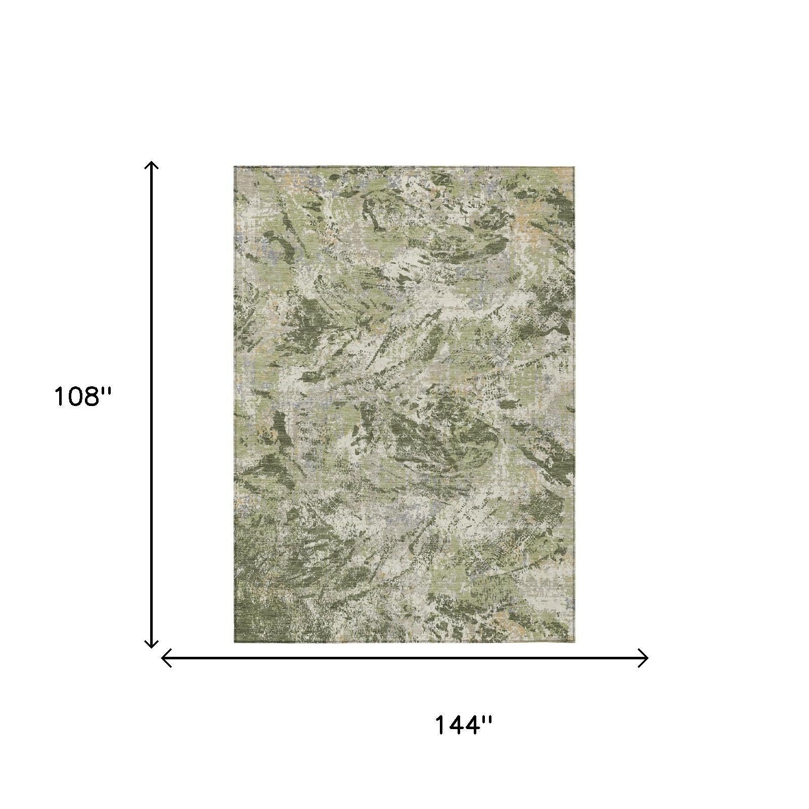 Abstract area rug with olive green and cream wash pattern, indoor/outdoor