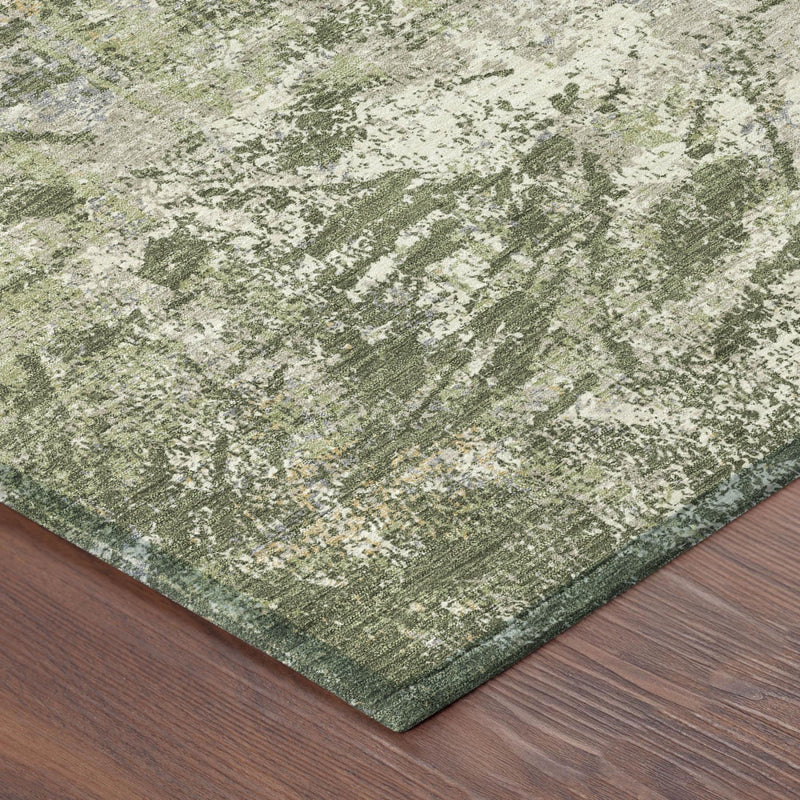 Abstract area rug corner in olive green and cream mottled texture