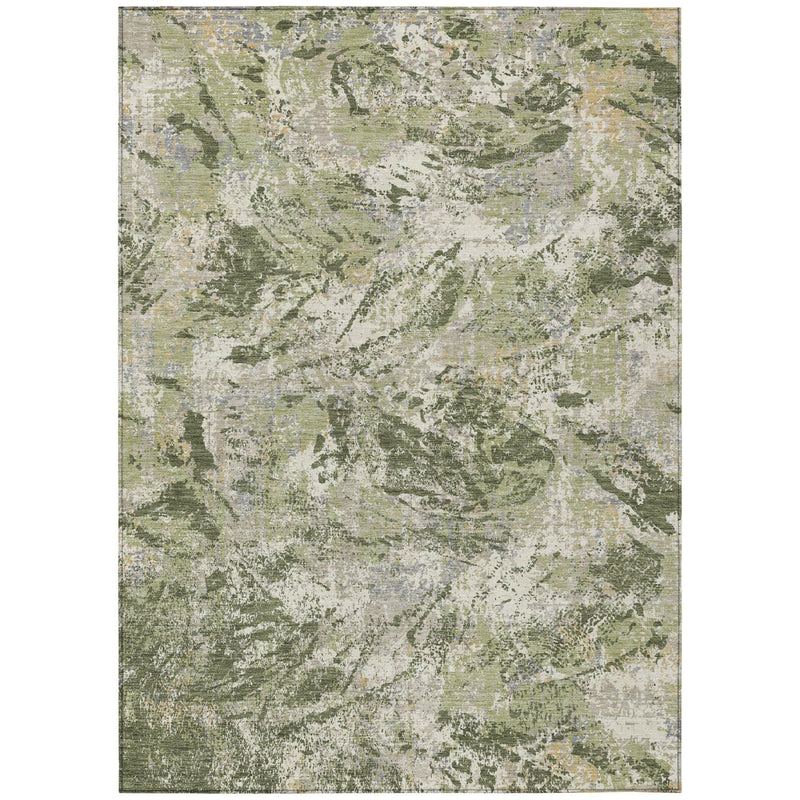 Olive green and cream abstract area rug with flat rectangular design