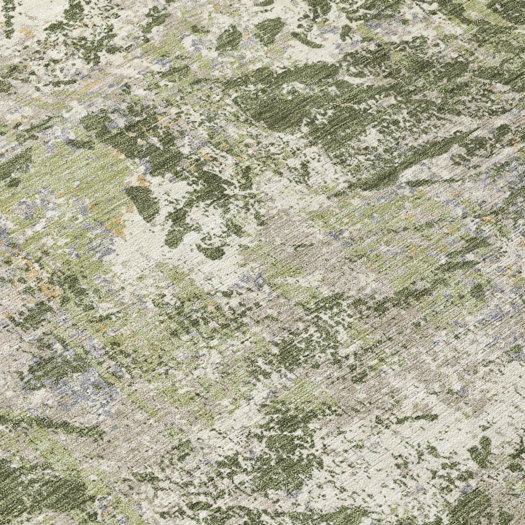 Close-up abstract area rug weave in olive green and cream mottled wash