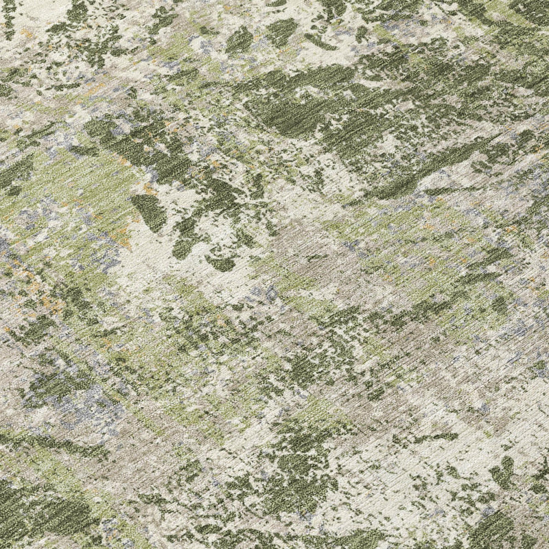 Close-up abstract area rug weave in olive green and cream mottled wash