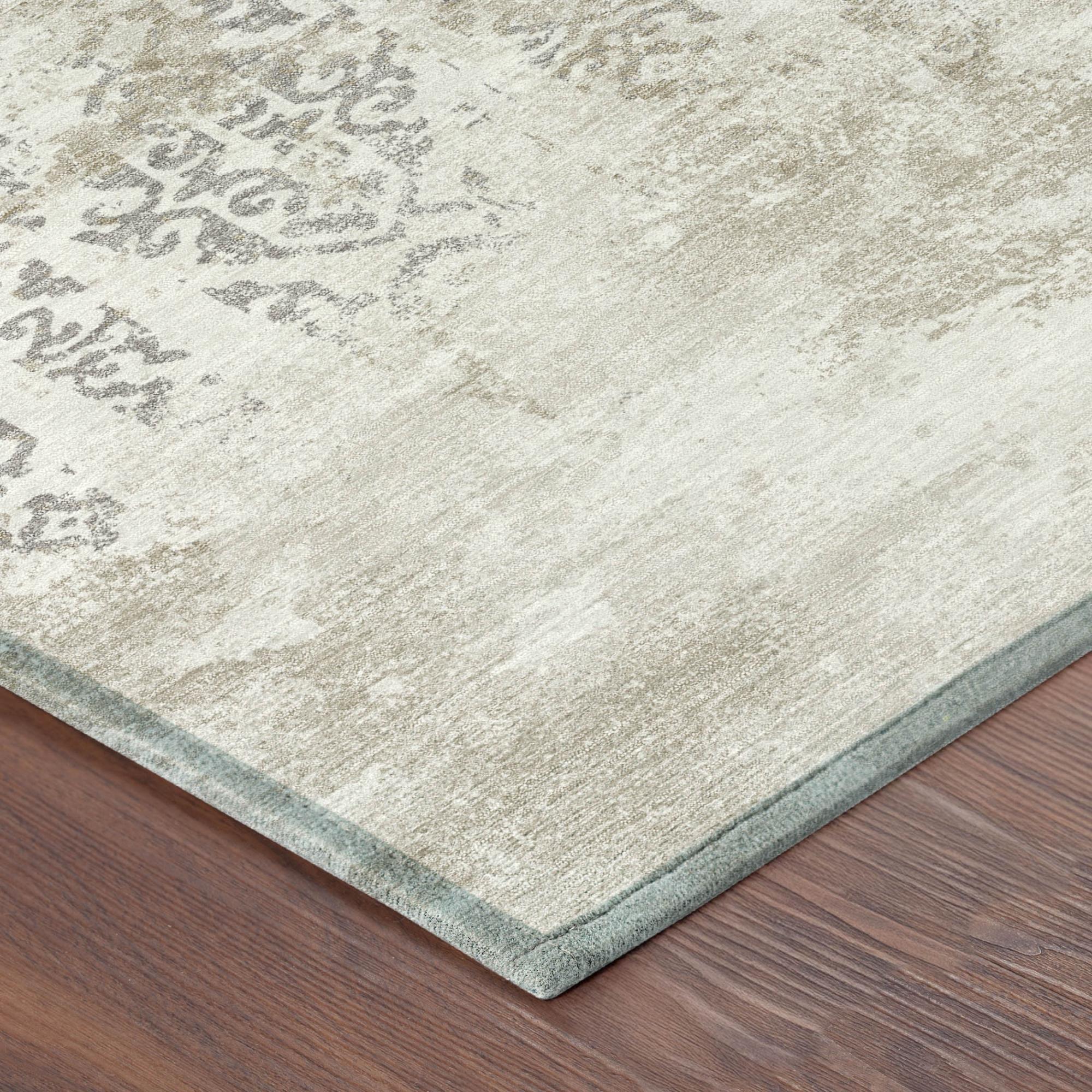 Ivory and silver abstract rug corner with low-profile edge and border