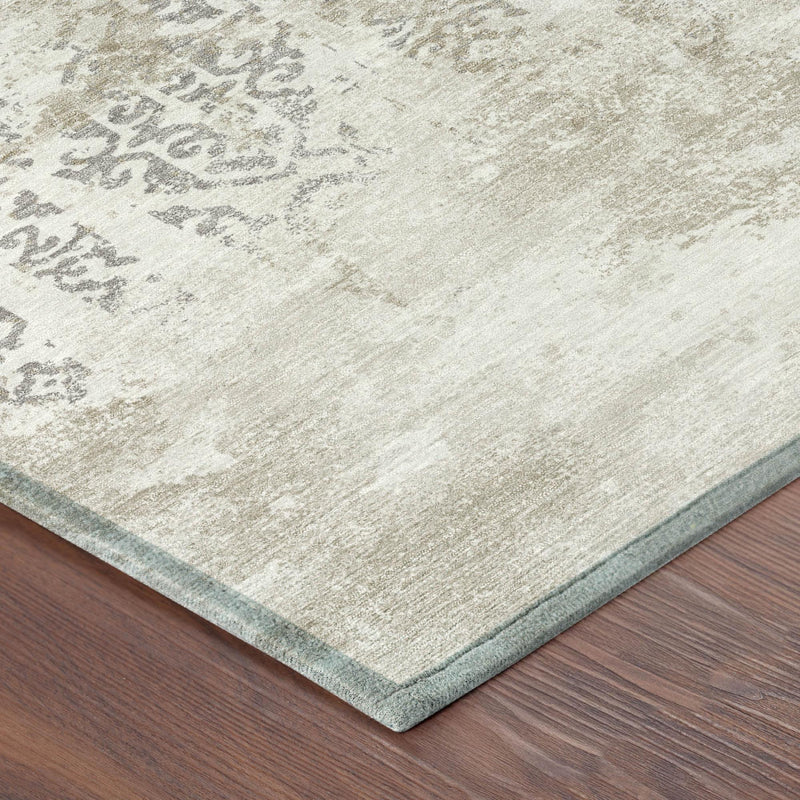 Ivory and silver abstract rug corner with low-profile edge and border