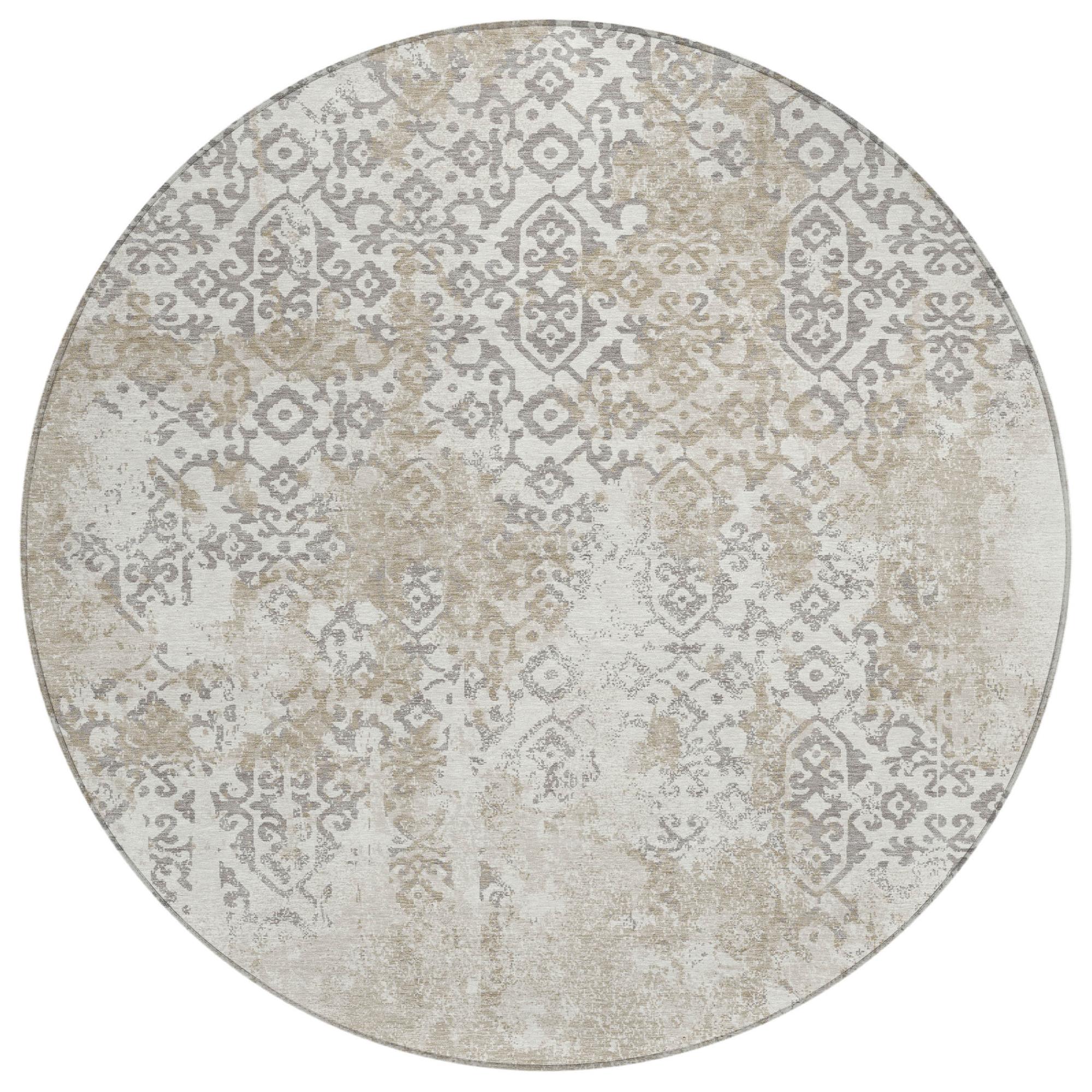 Round ivory and silver abstract area rug with detailed damask pattern, full view