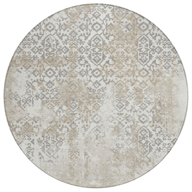 Round ivory and silver abstract area rug with detailed damask pattern, full view