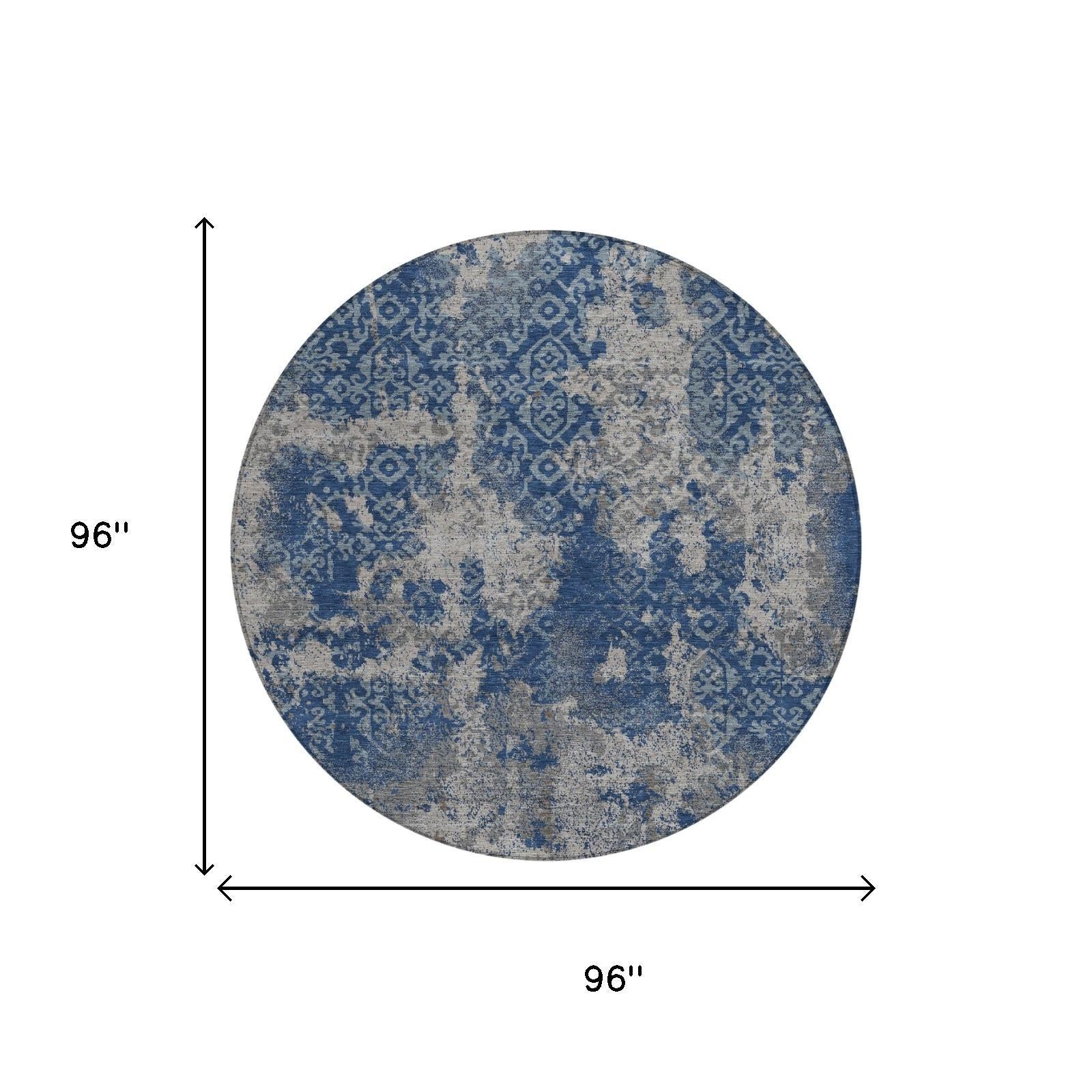 Round area rug, 96 in diameter, blue and gray abstract distressed design