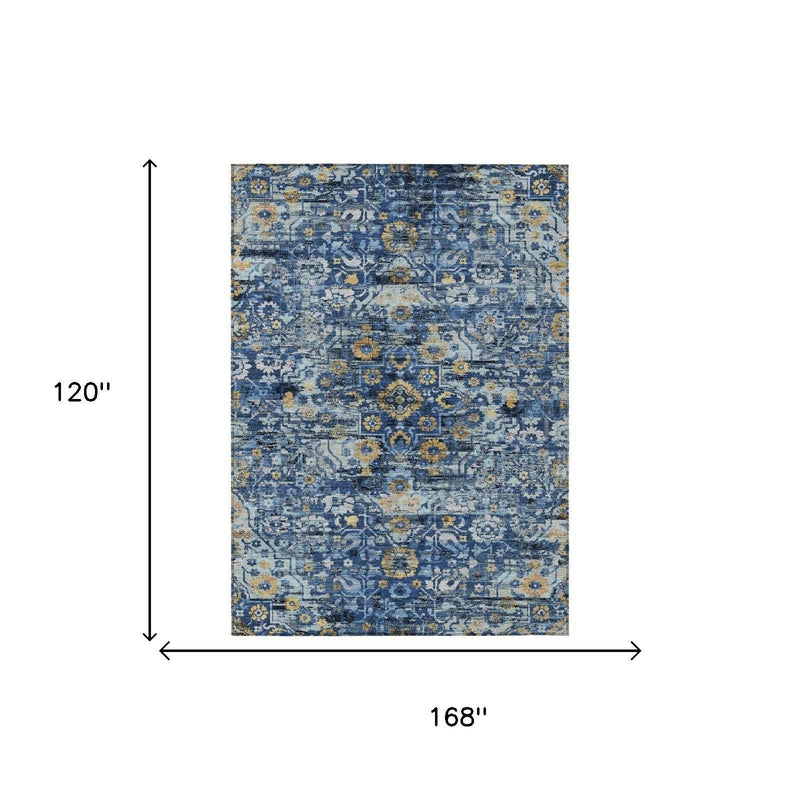 Blue and navy floral medallion area rug shown with size diagram, rectangular
