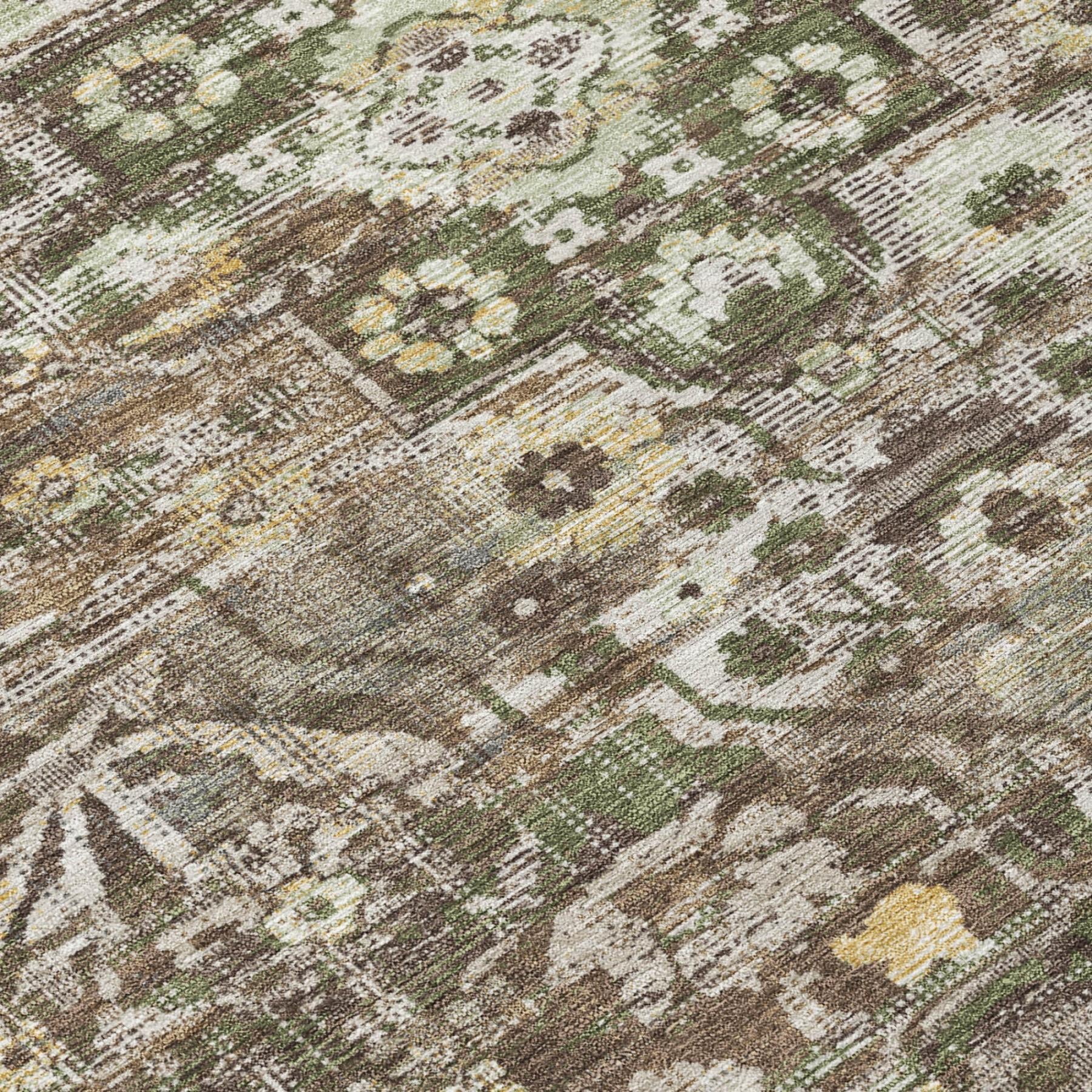 5x8 ft area rug, distressed medallion floral pattern in brown, green, and beige