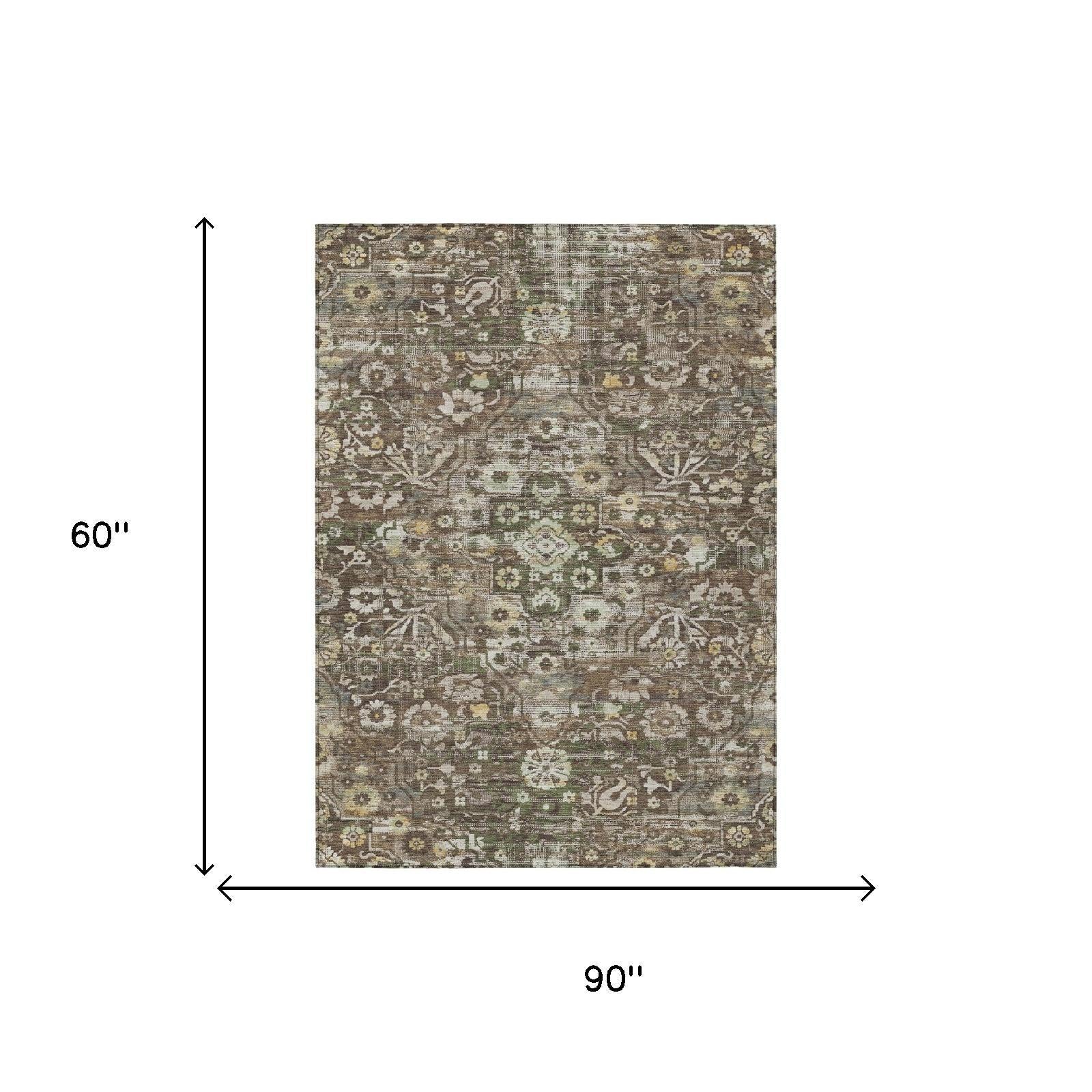 5x8 ft rug dimensions, distressed medallion floral pattern on beige background