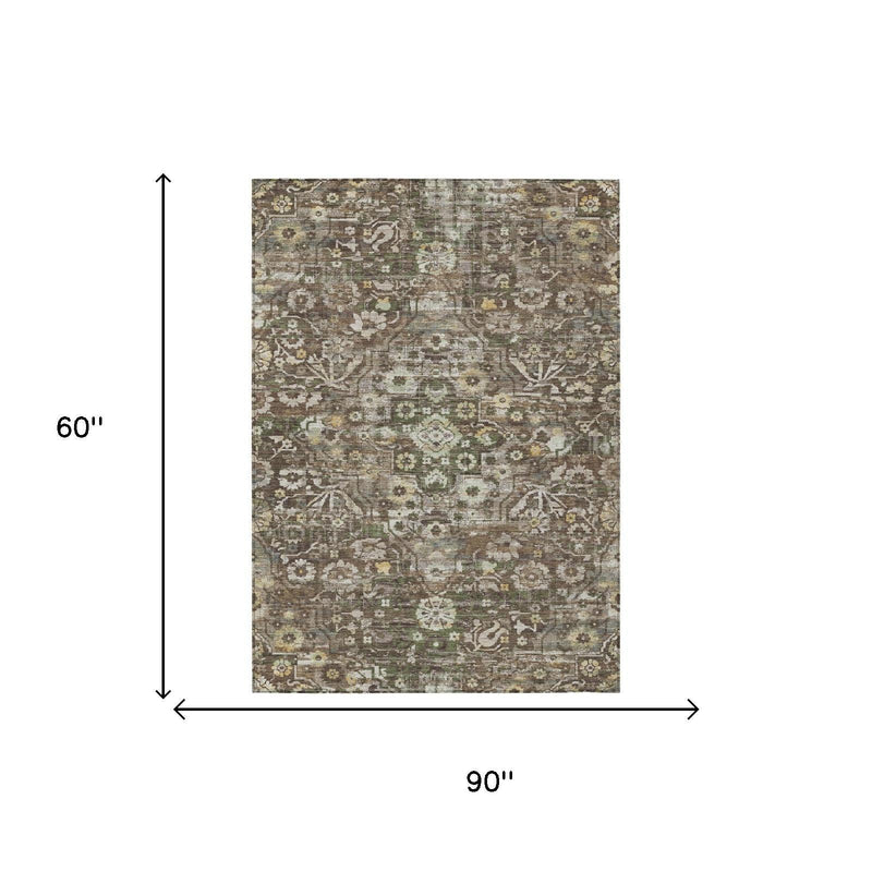 5x8 ft rug dimensions, distressed medallion floral pattern on beige background