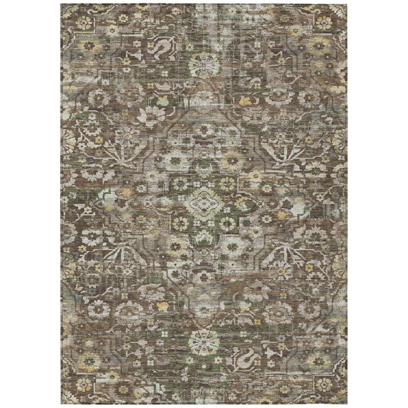 Area rug flat view with distressed medallion floral pattern in brown, green, and beige