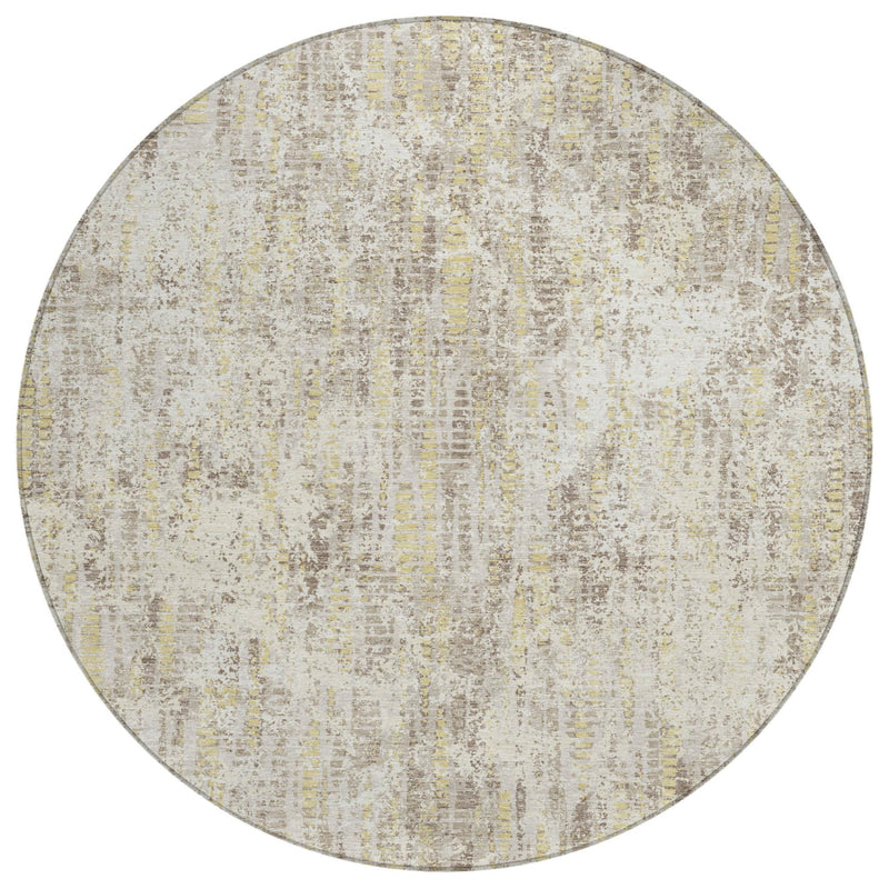 Round ivory and silver abstract area rug with speckled texture, flat view