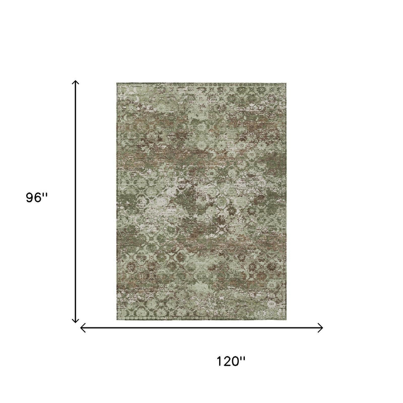 8 ft x 10 ft olive green rectangular area rug with floral medallion pattern.