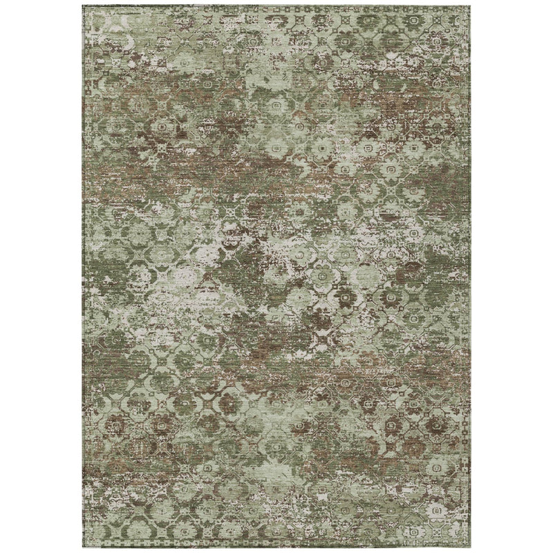 Rectangular olive green washable area rug with floral medallion motif and distressed look.