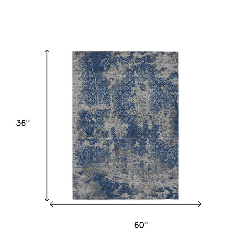Abstract area rug, 60 x 36 in, navy and light blue distressed wash pattern