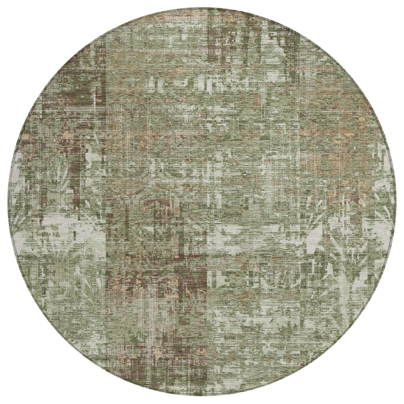 8 ft round abstract washable area rug with textured distressed look in olive green