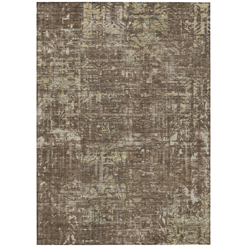 10x14 ft abstract area rug with chocolate brown and beige distressed pattern
