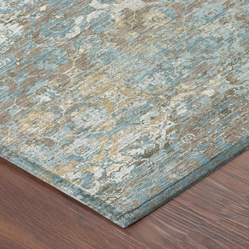 Teal blue and pewter area rug with distressed medallion and floral vine pattern