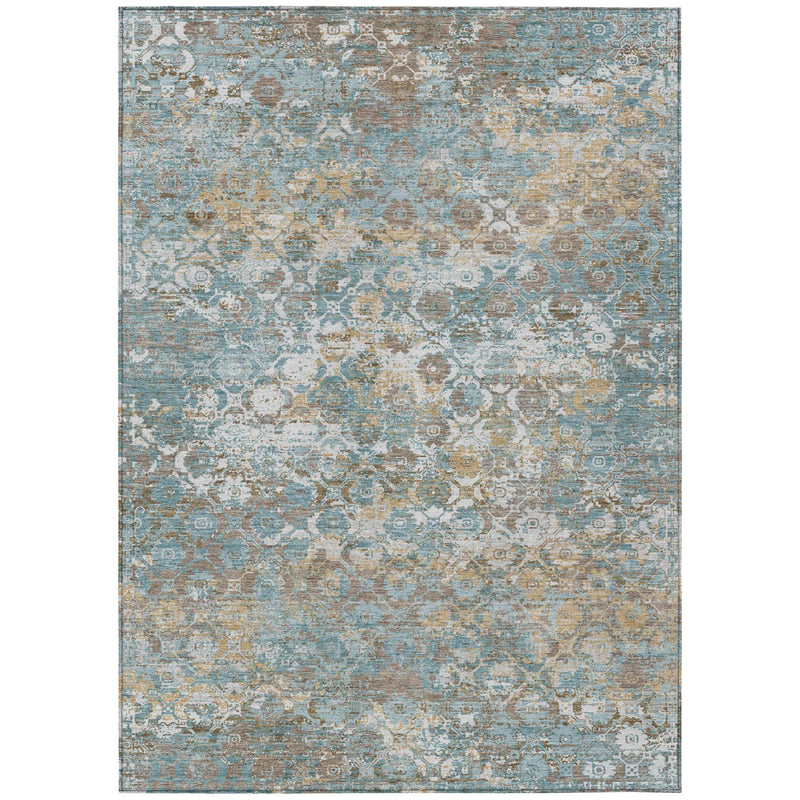 Rectangular teal blue and pewter floral medallion area rug with distressed motif