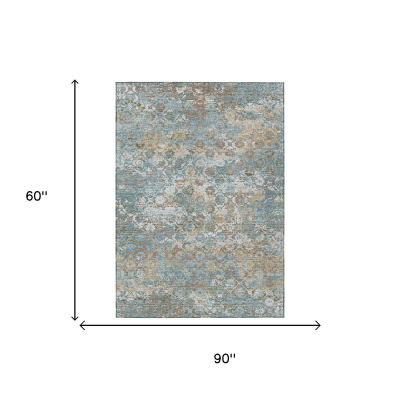 Teal blue and pewter floral medallion area rug, 90 x 60 in rectangle