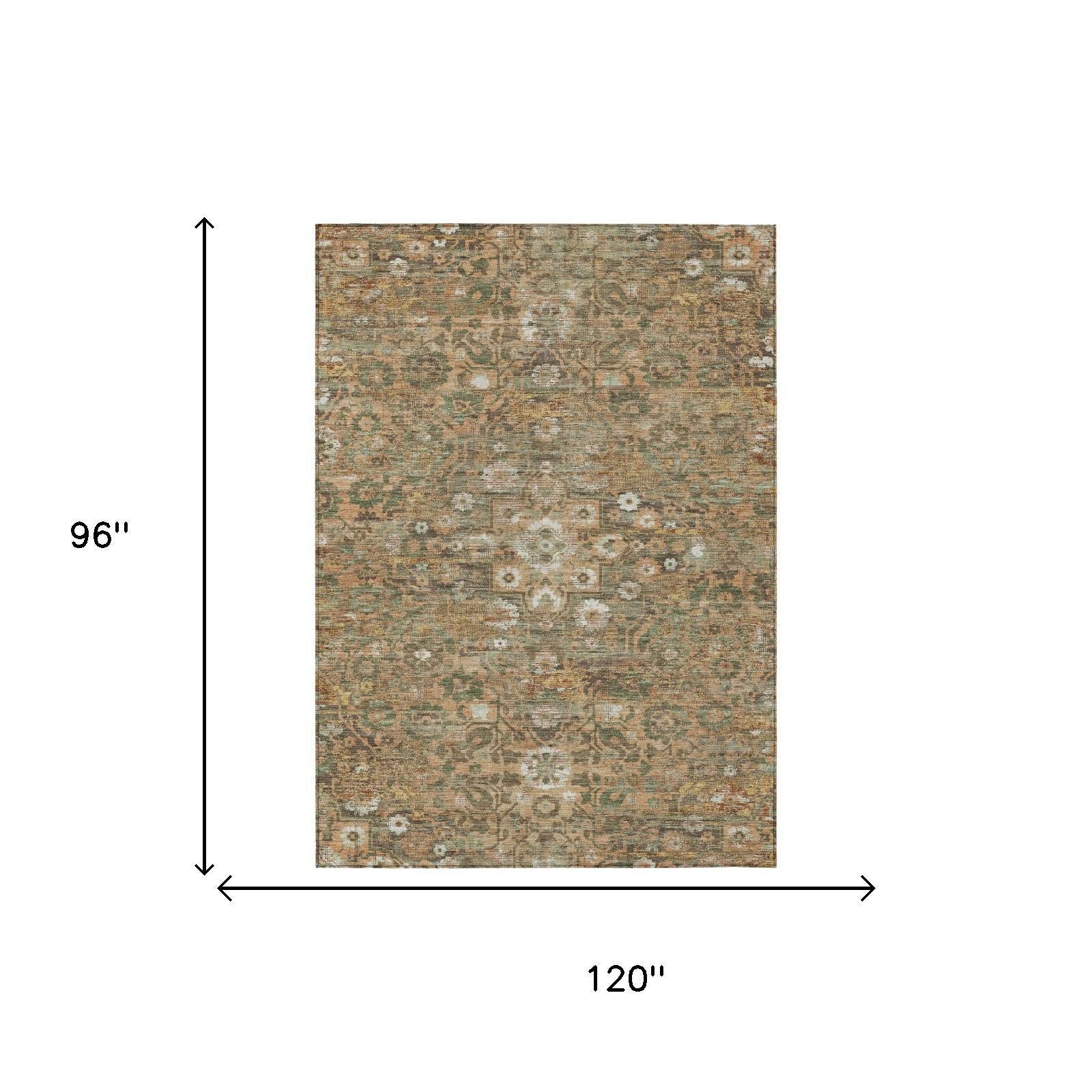 8' X 10' Copper And Orange Floral Medallion Washable Indoor Outdoor Area Rug - Sports & Outdoor