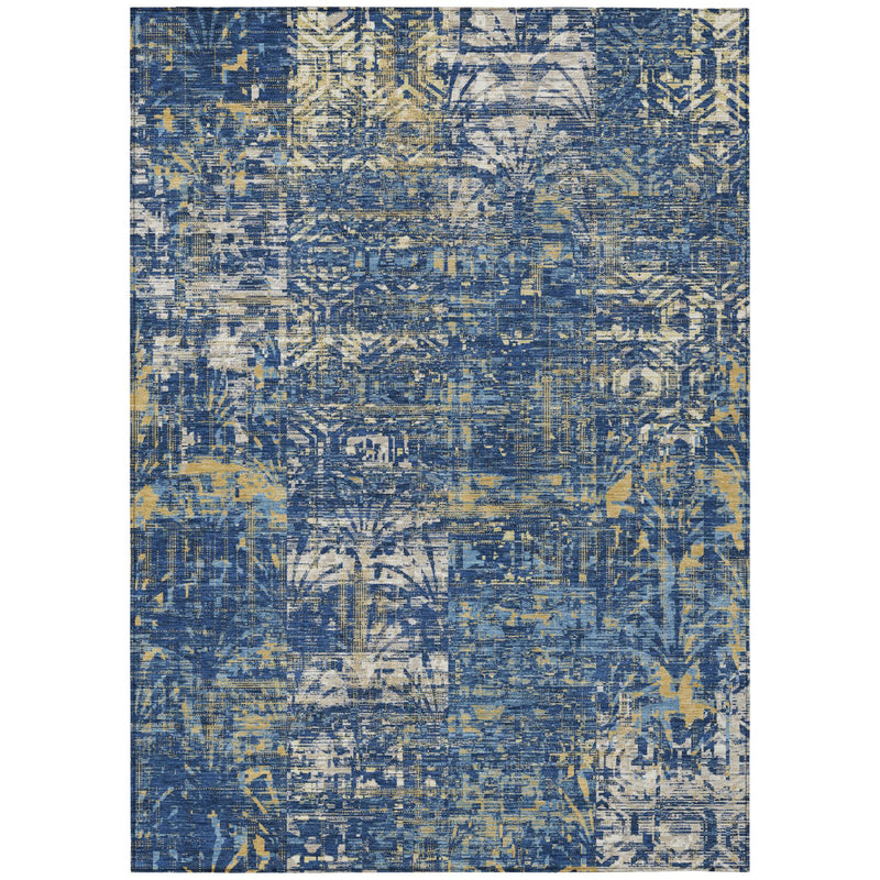 Rectangular washable abstract area rug in navy blue with cream and yellow block pattern.