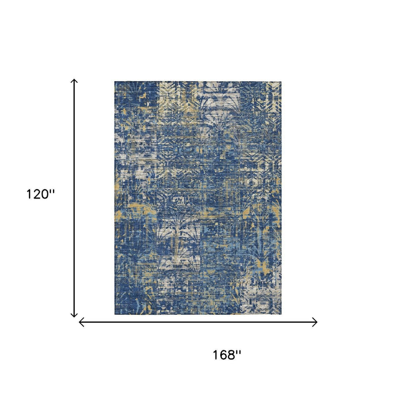10x14 indoor/outdoor abstract area rug, navy blue with beige and white distressed pattern.