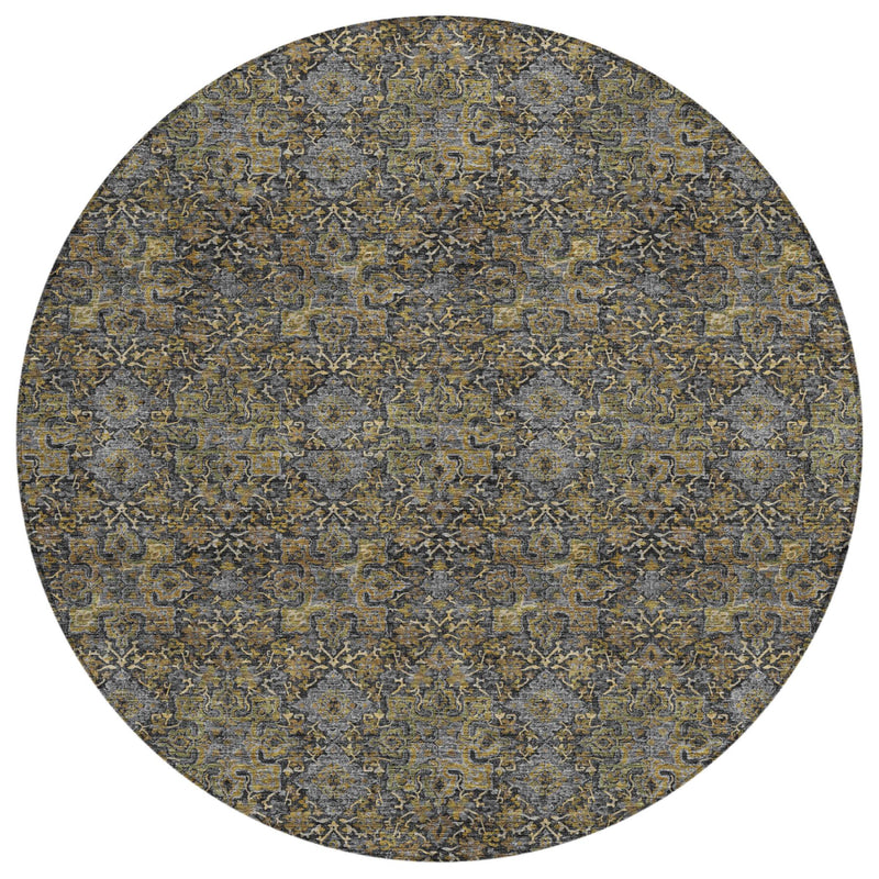Round damask indoor/outdoor area rug, blue-gray with gold ornate design