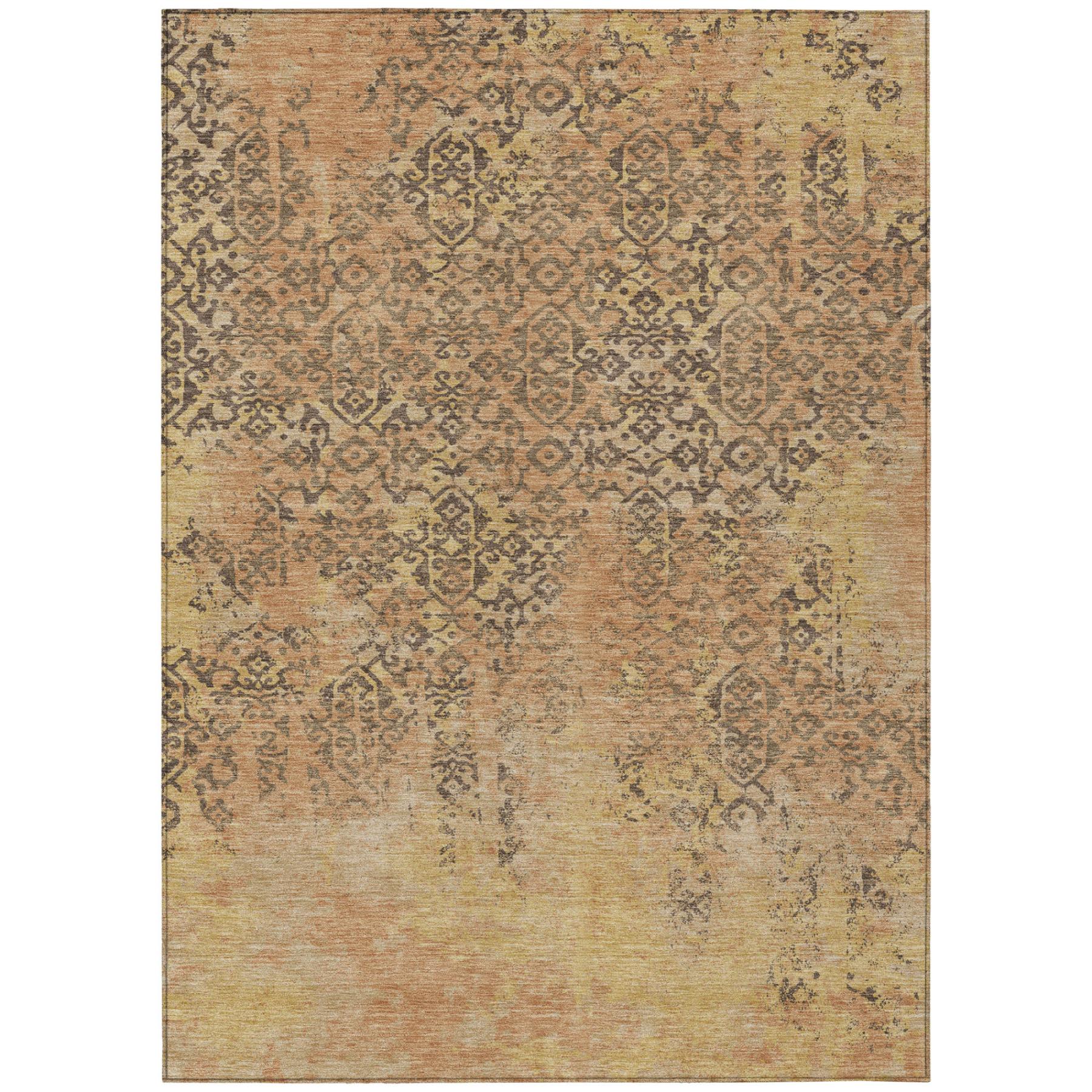 Copper and orange abstract area rug with distressed geometric medallion pattern and border.