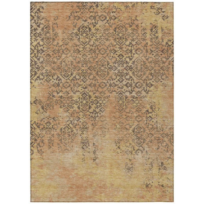 Copper and orange abstract area rug with distressed geometric medallion pattern and border.