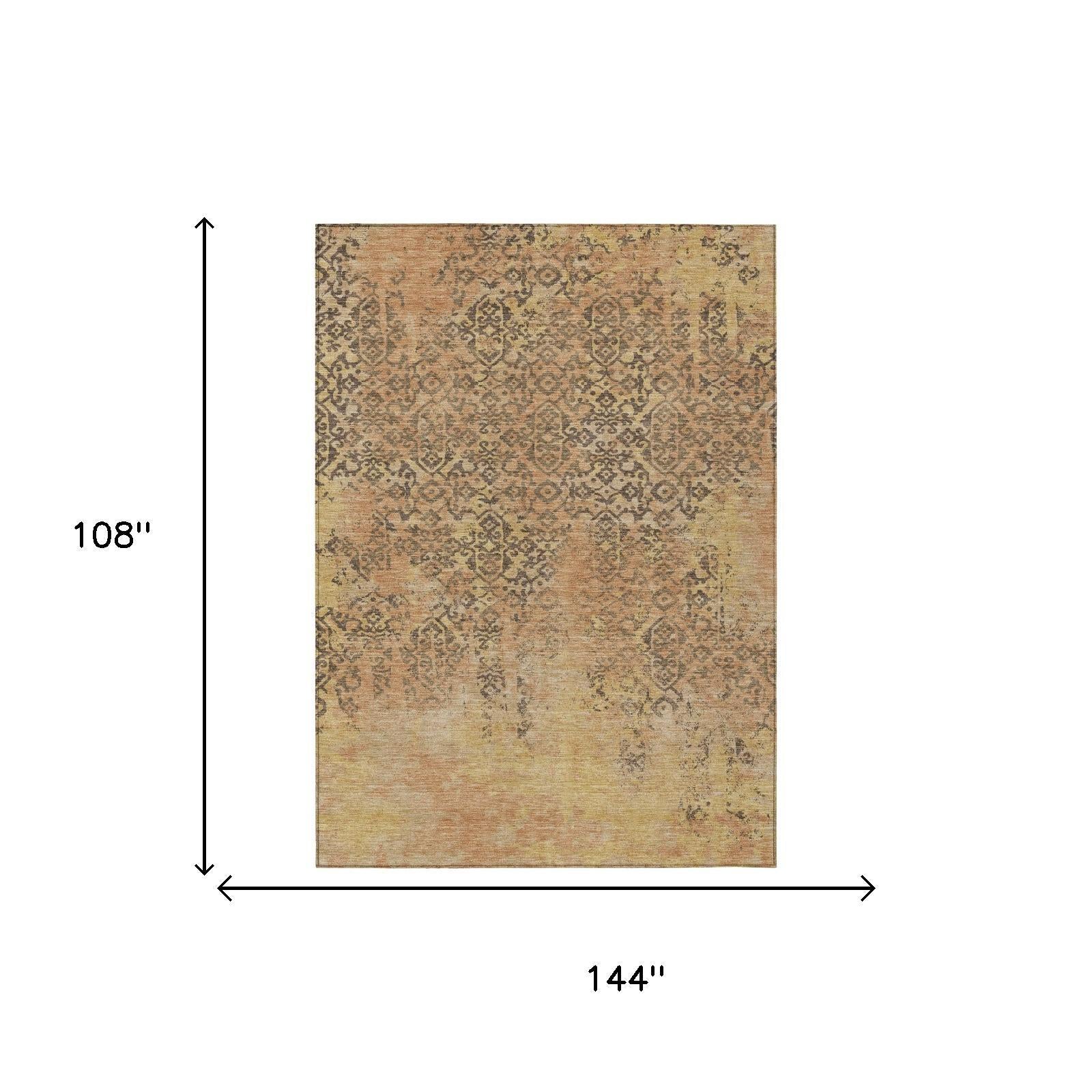 Rug size 144" x 108", copper and orange abstract medallion pattern, distressed texture.