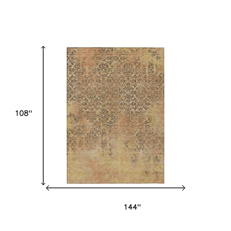 Rug size 144" x 108", copper and orange abstract medallion pattern, distressed texture.
