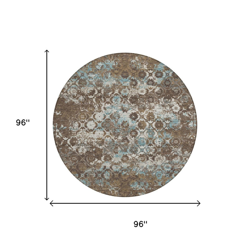 Round area rug diagram, 96 in diameter, distressed medallion floral pattern in brown and teal