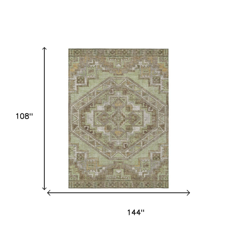 Southwestern area rug with central diamond medallion and geometric border in muted greens