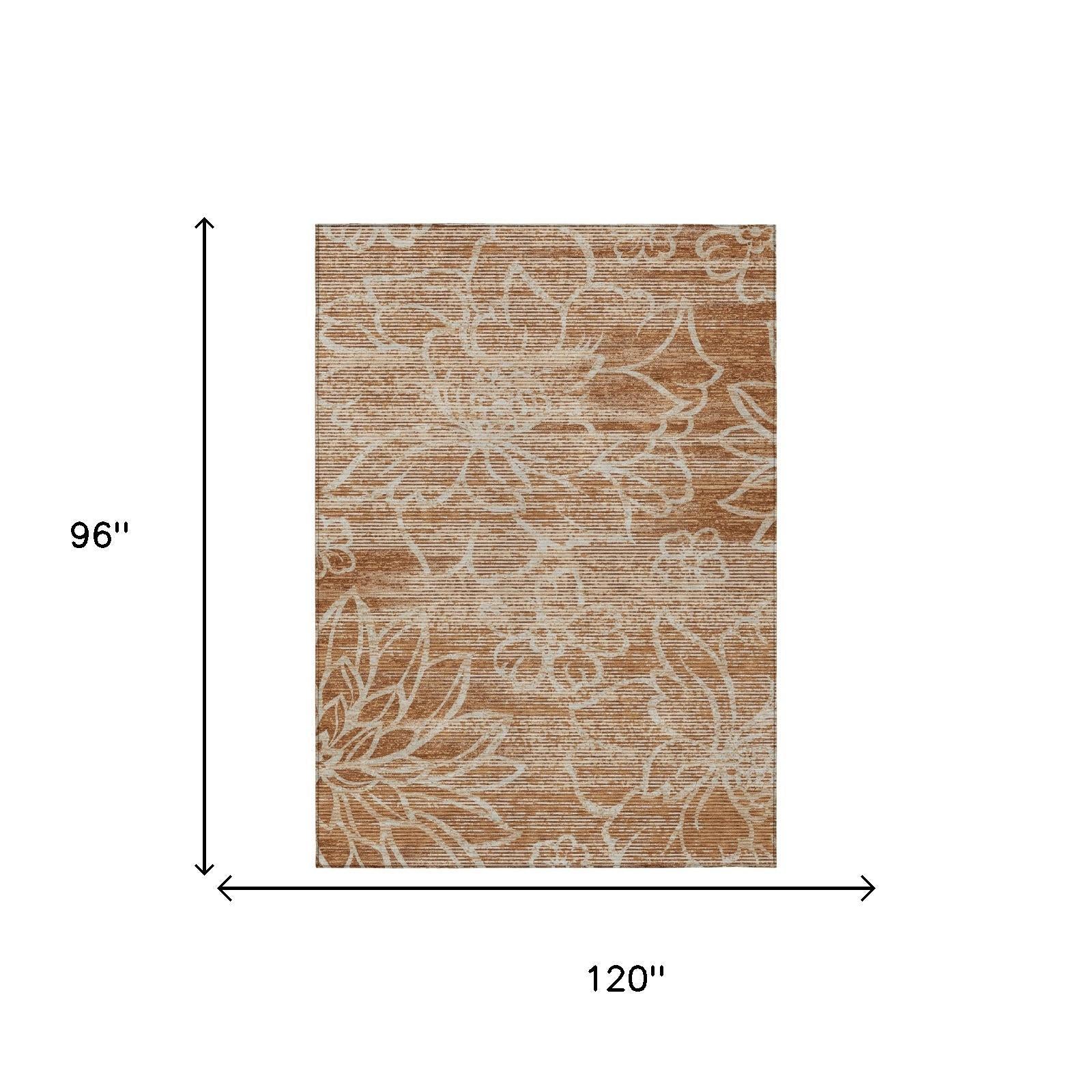 Orange and rust floral area rug, 8x10 ft, rectangular distressed pattern
