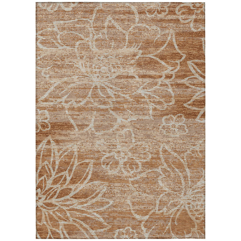 Rust-orange floral area rug with textured, distressed stripe background