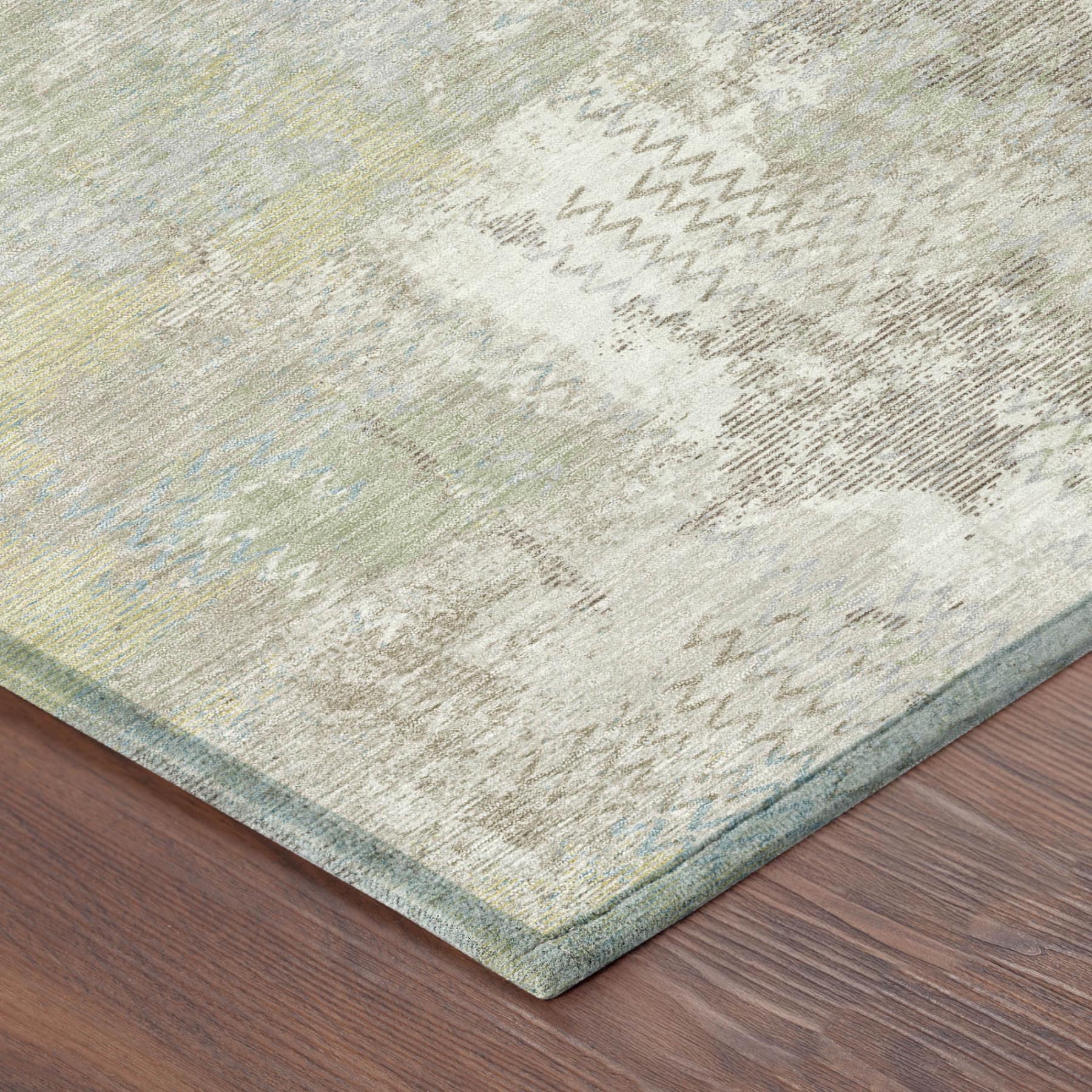 Ivory and silver abstract area rug, distressed finish with corner zigzag detail