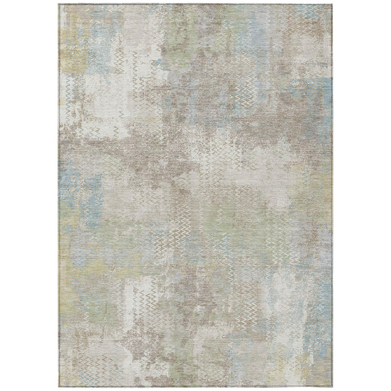 Ivory and silver abstract area rug with patchwork-like distressed pattern