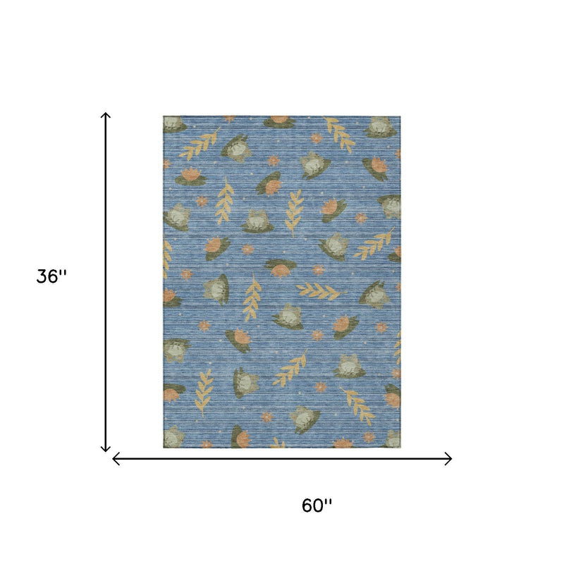 Blue area rug, 60 in. x 36 in., botanical leaves pattern in olive and tan