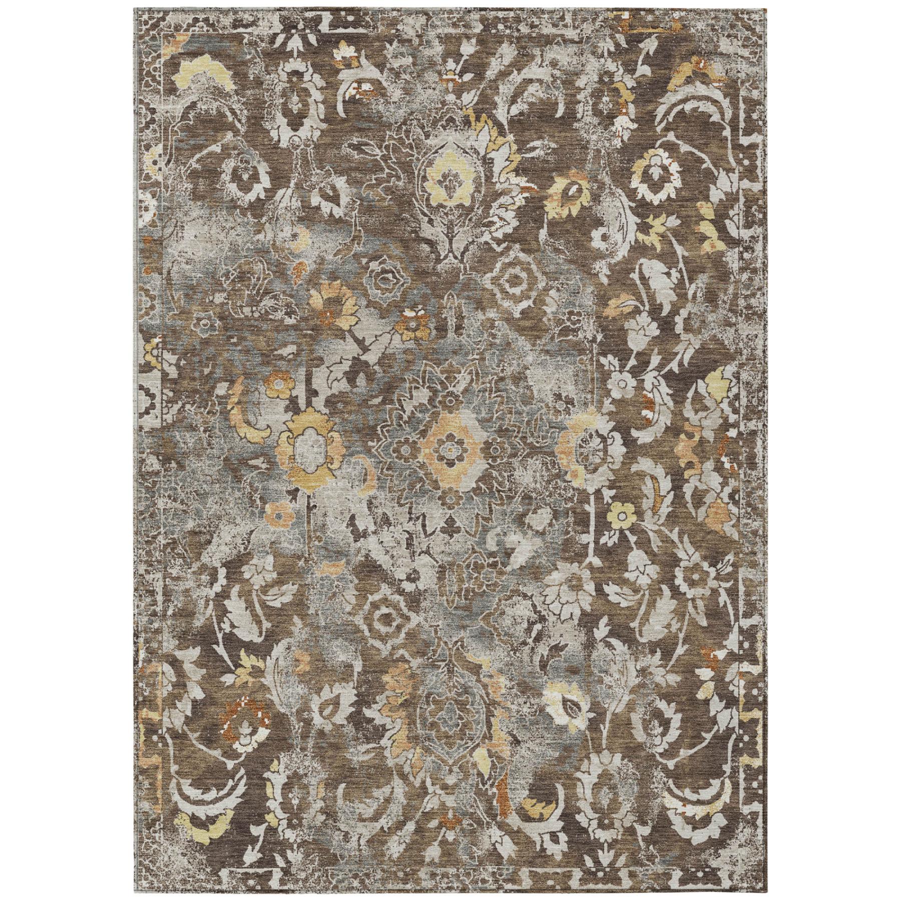 Rectangular floral distressed area rug in gray, brown, and beige with ornate motifs