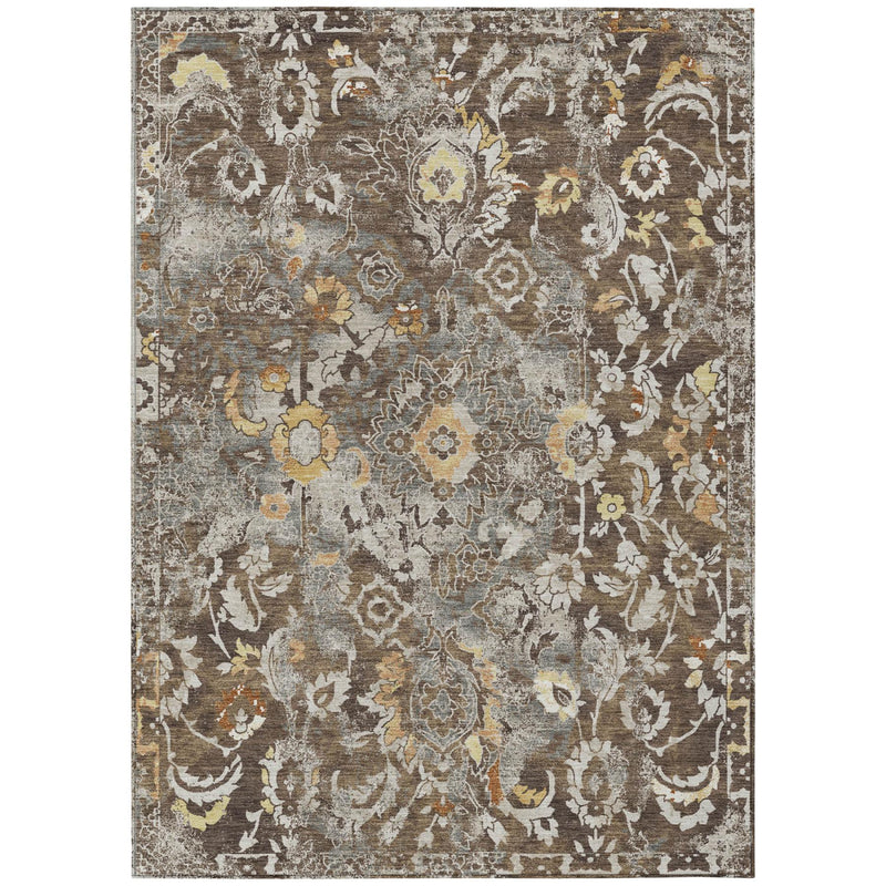 Rectangular floral distressed area rug in gray, brown, and beige with ornate motifs