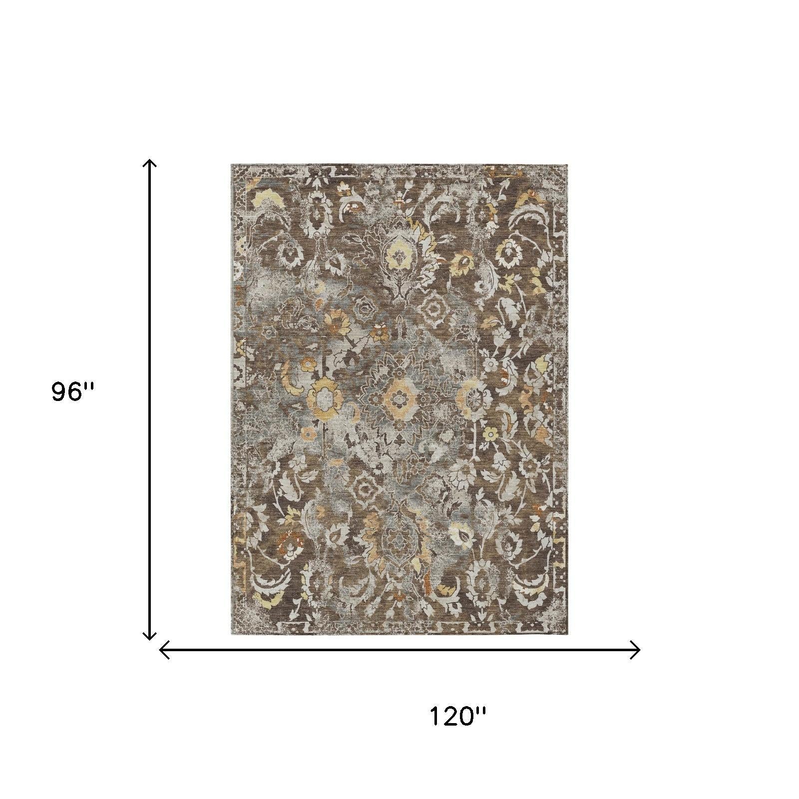 Gray and brown floral distressed area rug with ornate medallion pattern, rectangular