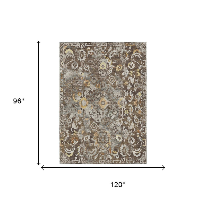 Gray and brown floral distressed area rug with ornate medallion pattern, rectangular