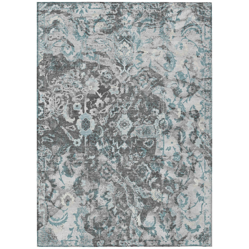 Distressed silver and gray floral area rug with teal-blue highlights, washable