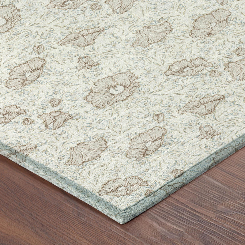 Ivory rug corner with ornate floral pattern and thin teal border