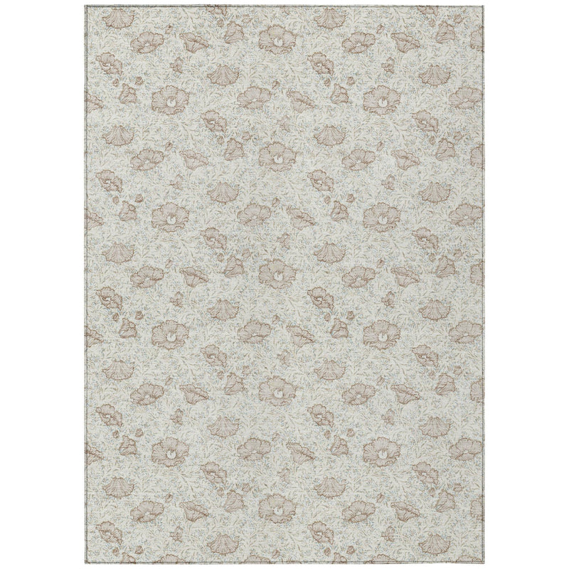 Ivory area rug with allover pearl floral pattern and subtle distressed look