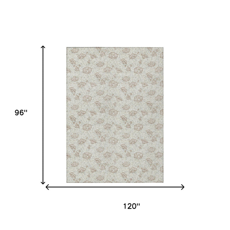 Ivory floral area rug shown on white with 120 in by 96 in dimensions
