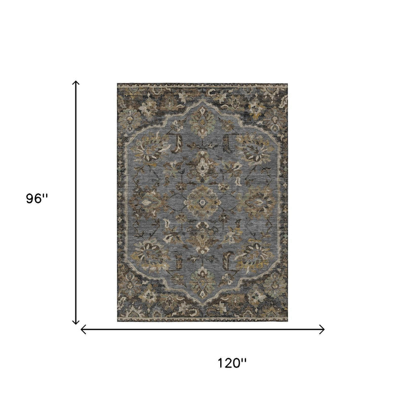 Graphite gray floral medallion area rug, size 96 x 120 in
