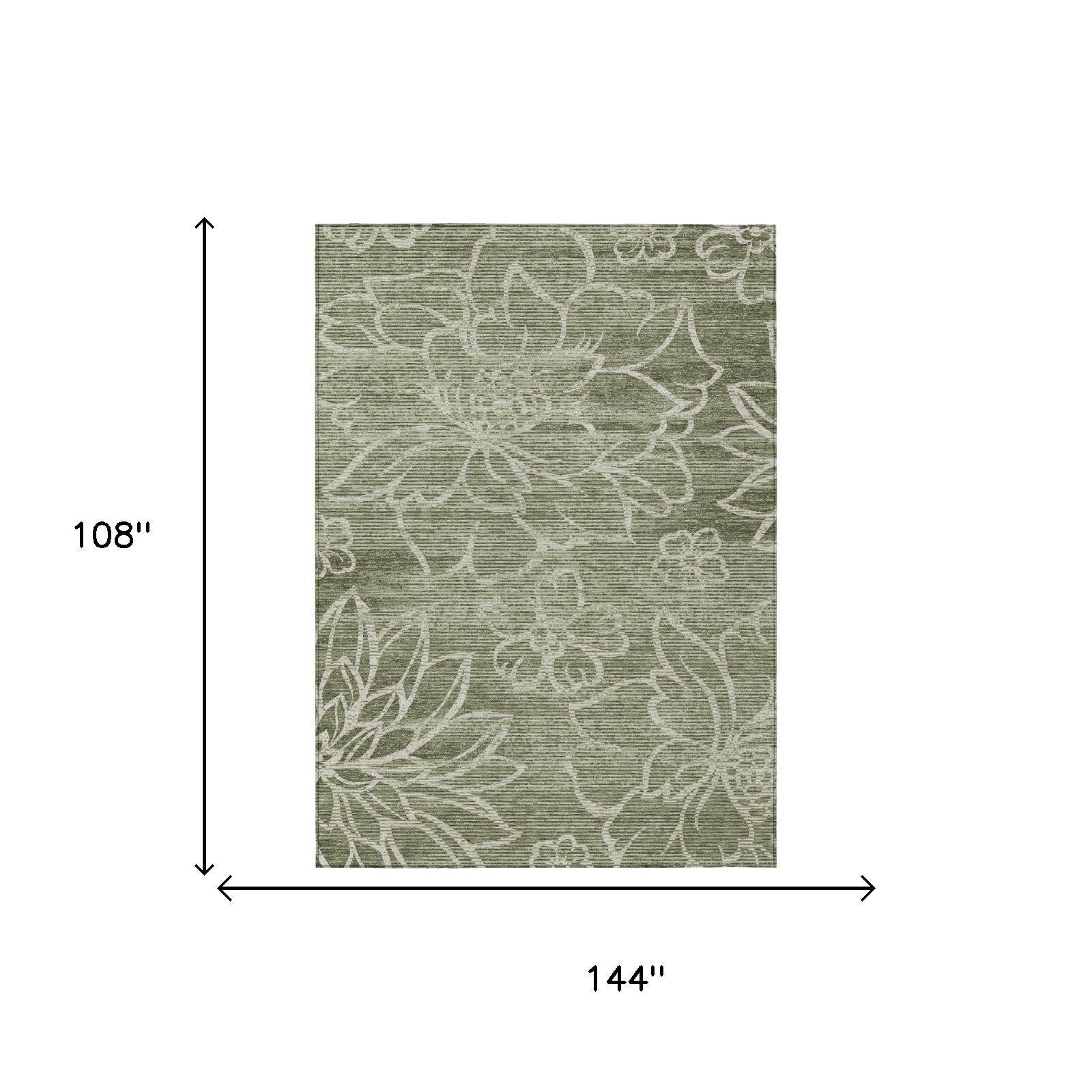 Olive green floral washable indoor outdoor area rug, light botanical pattern