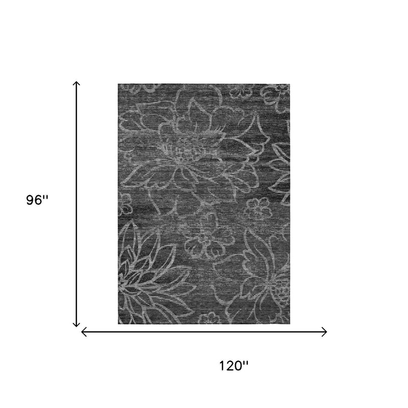 Graphite floral area rug with distressed design, shown with 96 in by 120 in dimensions